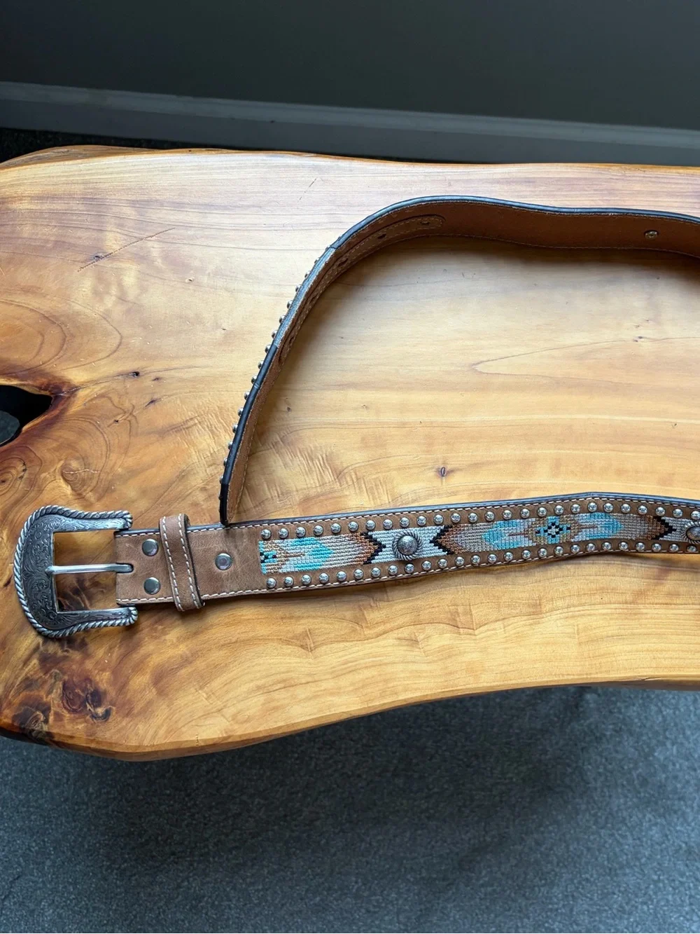 Embroidered Western-Style Brown Leather Belt with Turquoise Accents